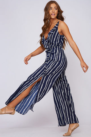 navy white stripped jumpsuit ruffle sleaveless